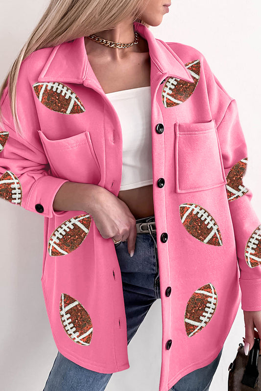 Pink Sequin Rugby Graphic Chest Pockets Collared Button Up Shacket ships 1-2 weeks