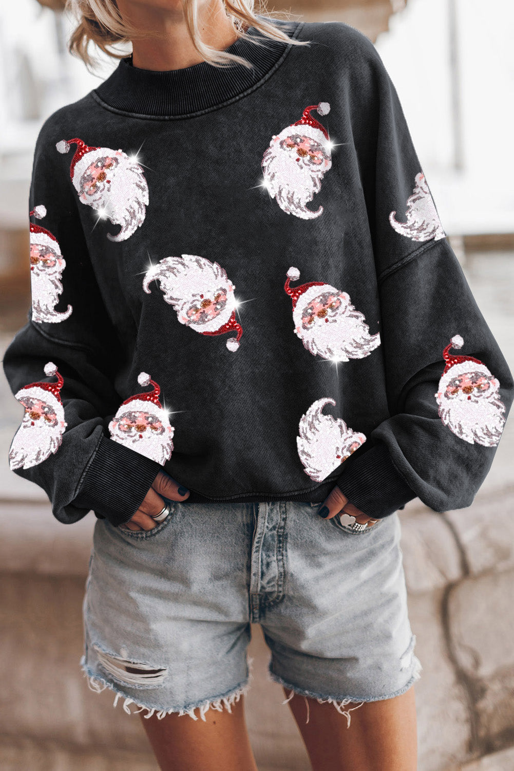 Sequin Santa Round Neck Drop Shoulder Sweatshirt(ships 2-3 weeks)