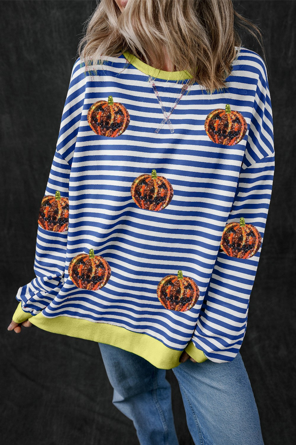 Pumpkin Striped Round Neck Long Sleeve Sweatshirt ships 2 weeks