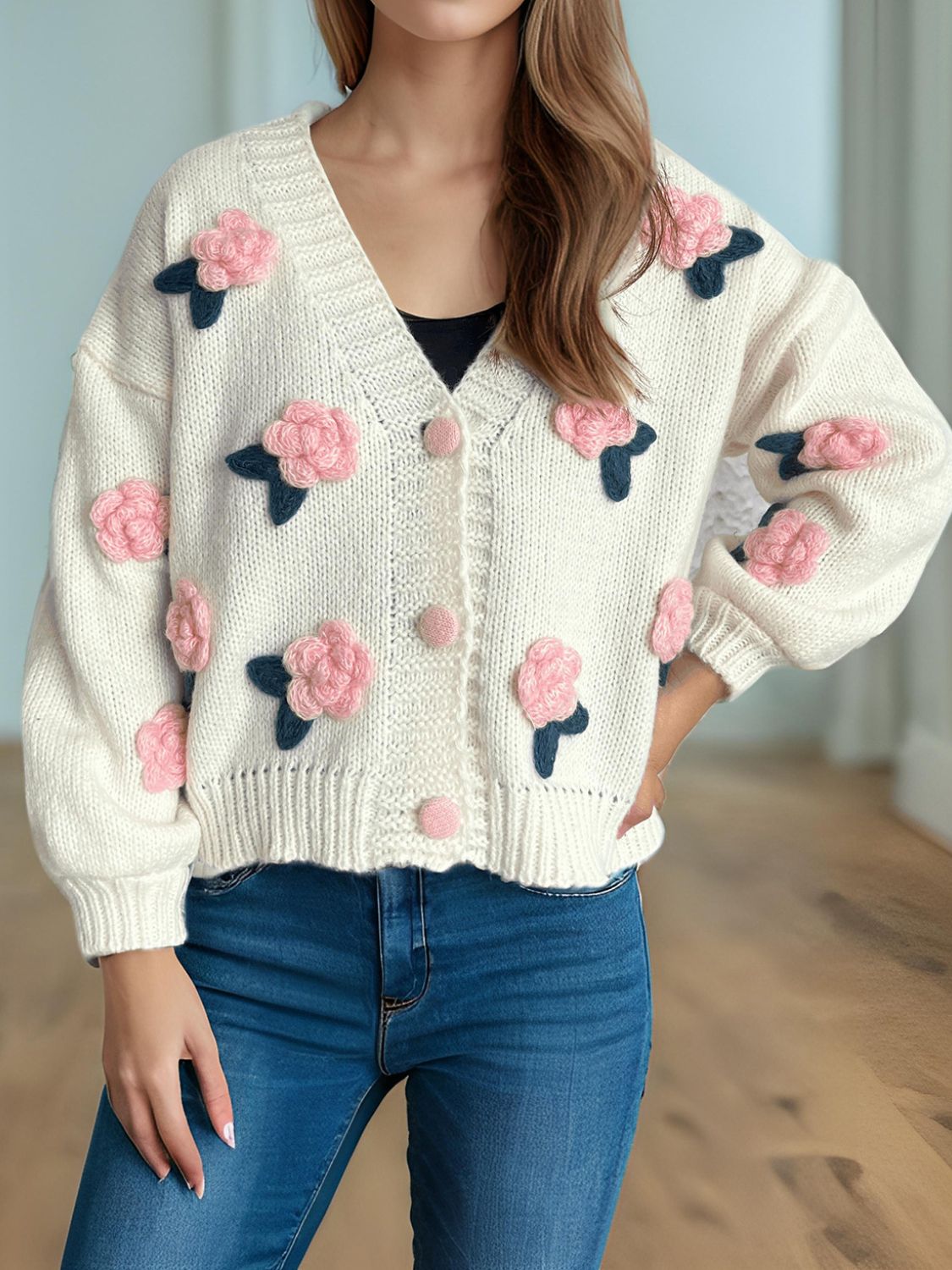 Flower Button Down V-Neck Long Sleeve Cardigan(ships 2-3 weeks)