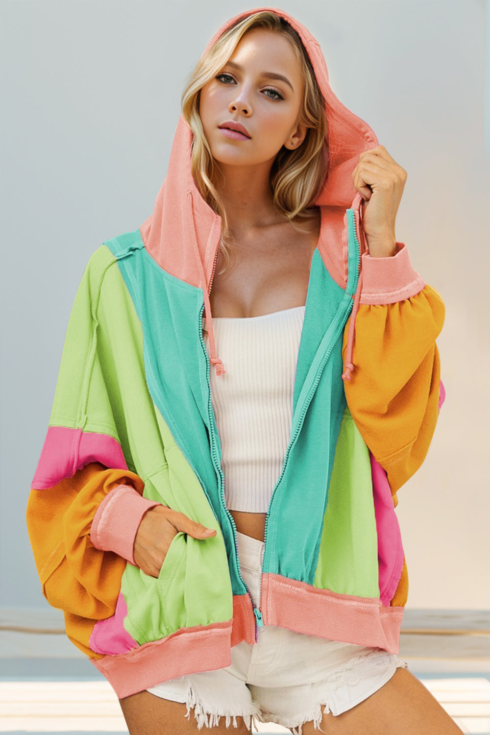 Color Block Zip Up Hoodie (ships 1 week)