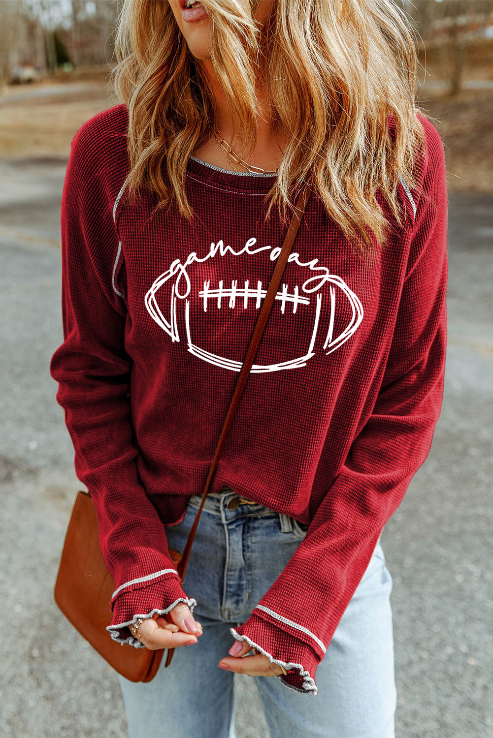 Red Textured Rugby Graphic Contrast Hem Sweatshirt (ships 2 weeks)