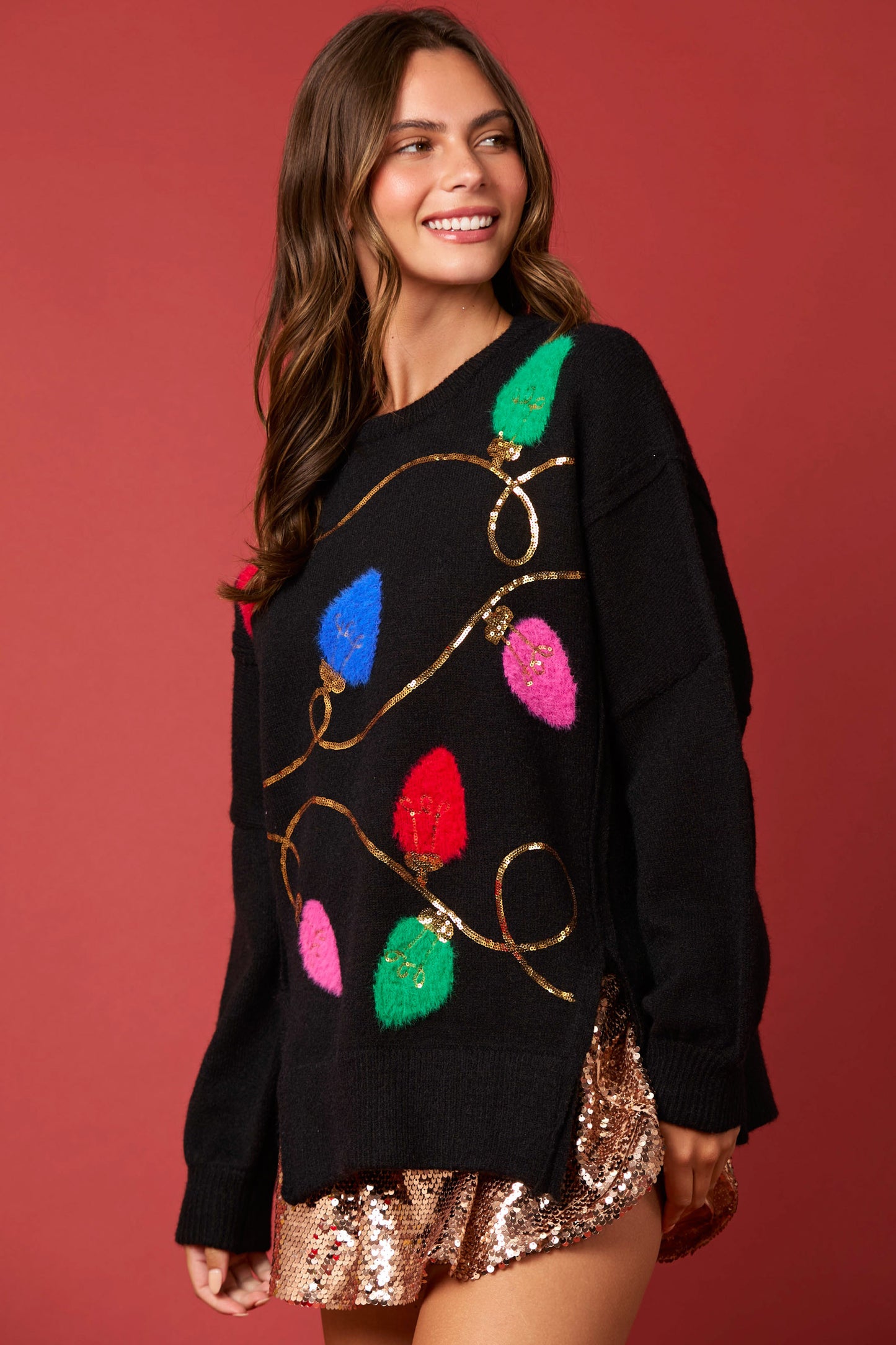 Multicolor Lights Black Sweater Soft & Fuzzy (PREORDER)