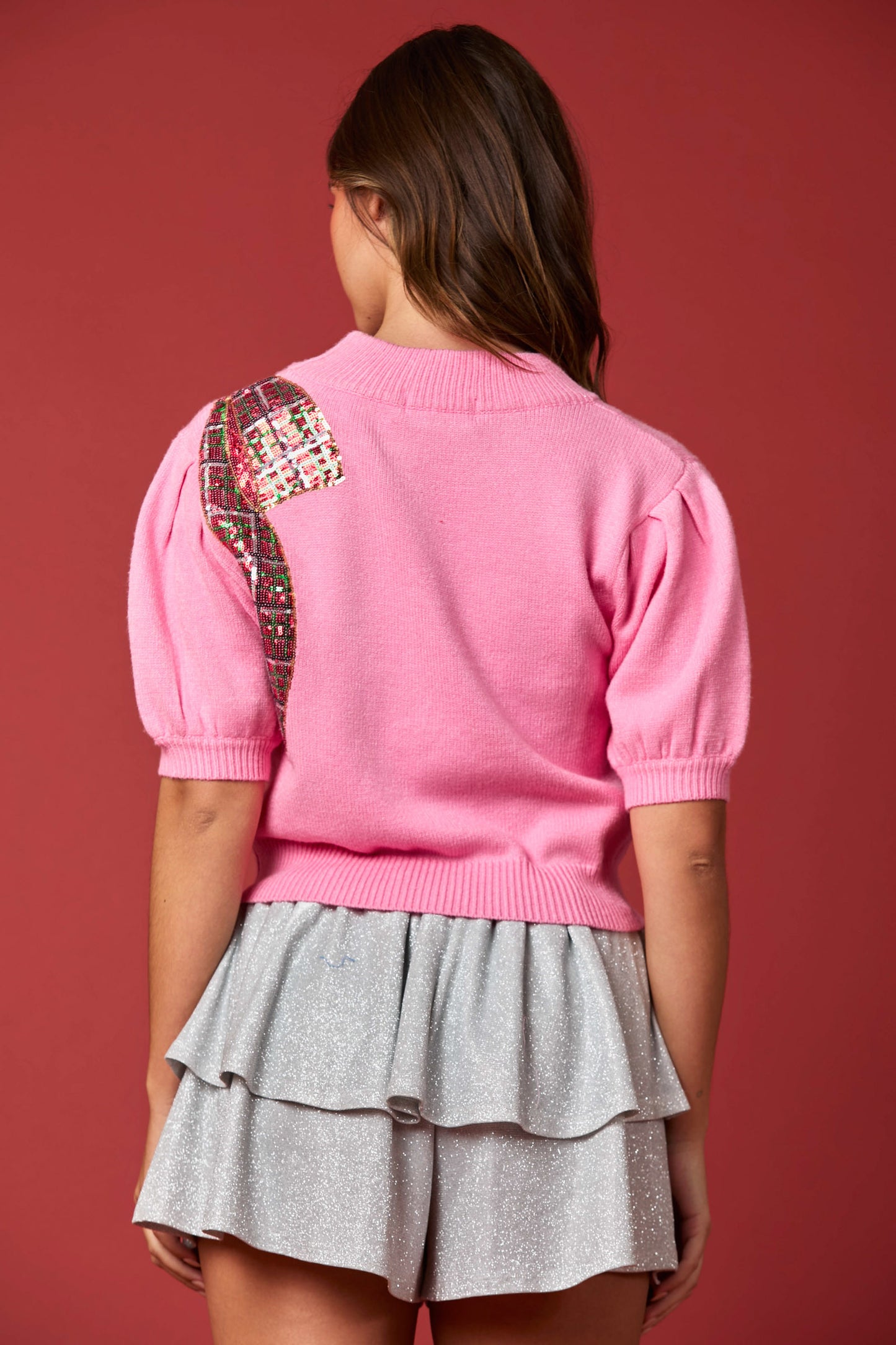 Plaid Sequin Shoulder Bow sweater PINK PREORDER