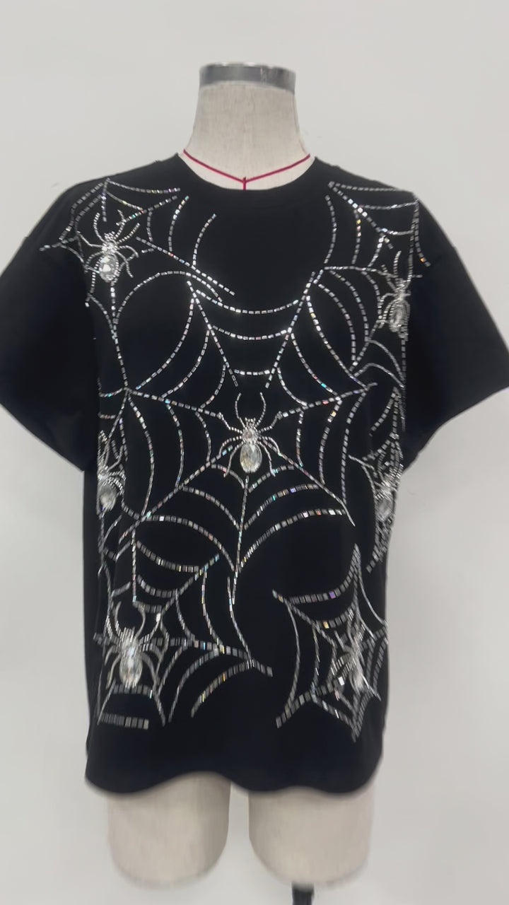 RHINESTONE BLACK SPIDER WEB TSHIRT (PREORDER)