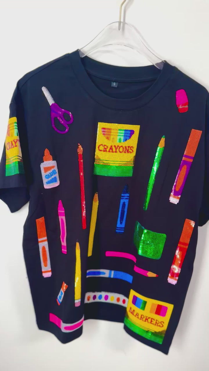 NEON SEQUIN TEACHER THINGS BLACK TSHIRT (PREORDER)