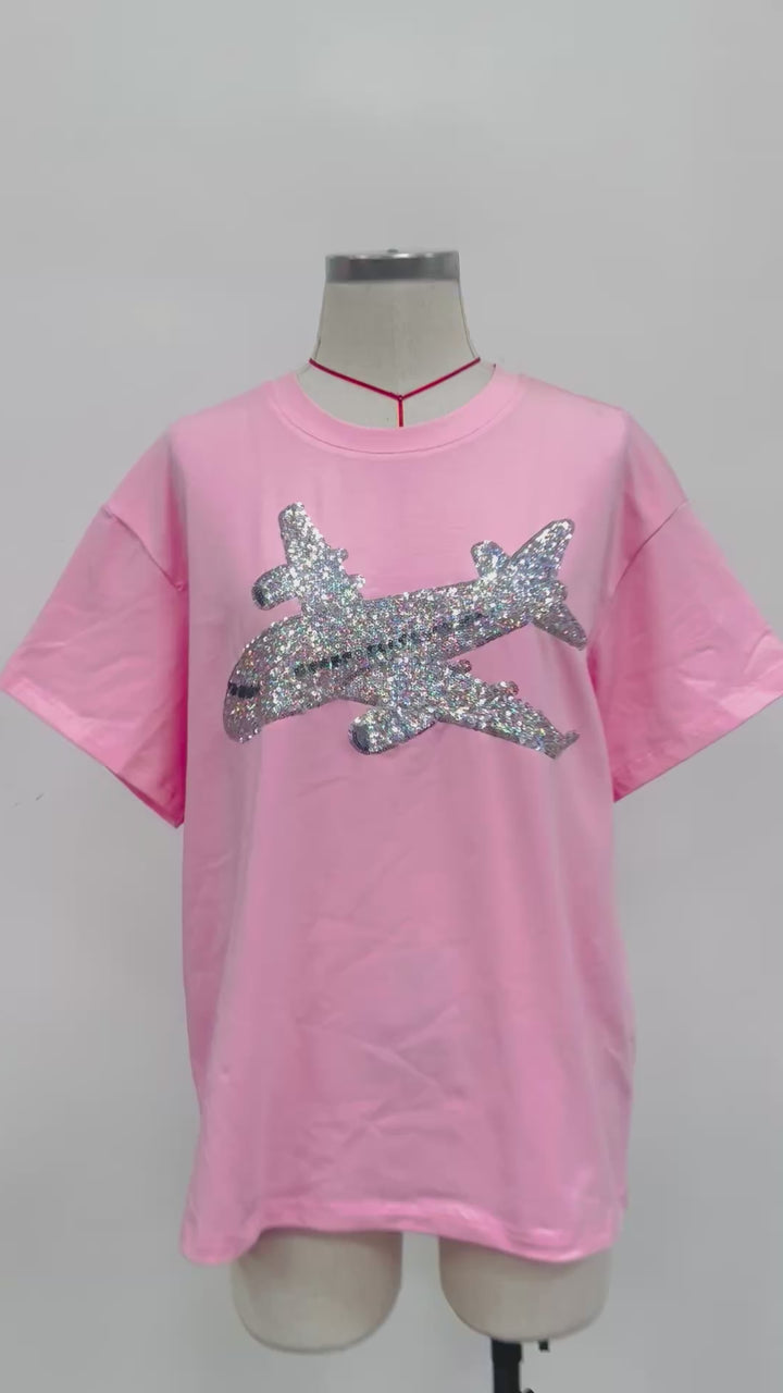 Airplane ✈️ Sequined Pink Tshirt PREORDER