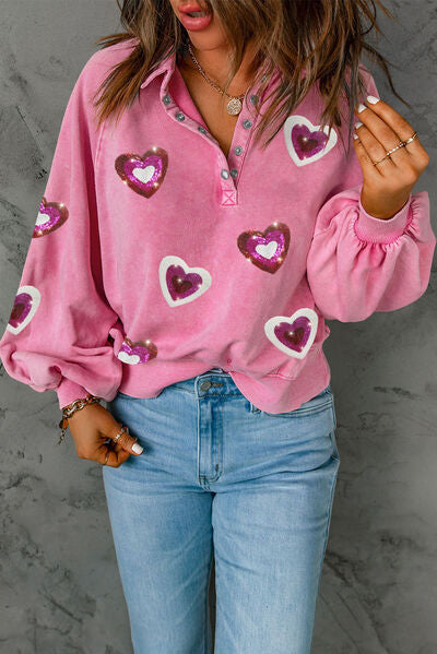 Heart Sequin Half Snap Collared Neck Sweatshirt ships 2 weeks