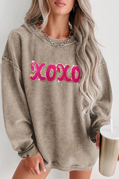 XOXO Sequin Round Neck Dropped Shoulder Sweatshirt ships 2-3 weeks