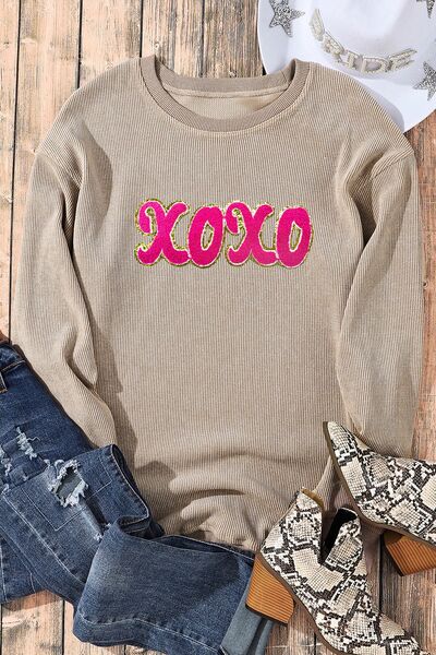 XOXO Sequin Round Neck Dropped Shoulder Sweatshirt ships 2-3 weeks