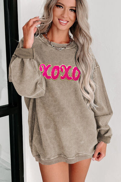 XOXO Sequin Round Neck Dropped Shoulder Sweatshirt ships 2-3 weeks